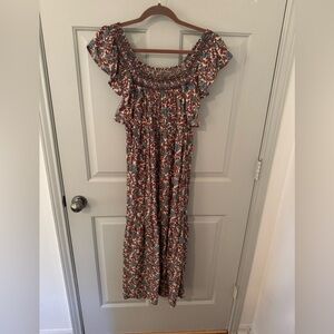 Anthropologie Moon River White/Brown/Blue Floral Midi Dress size Medium